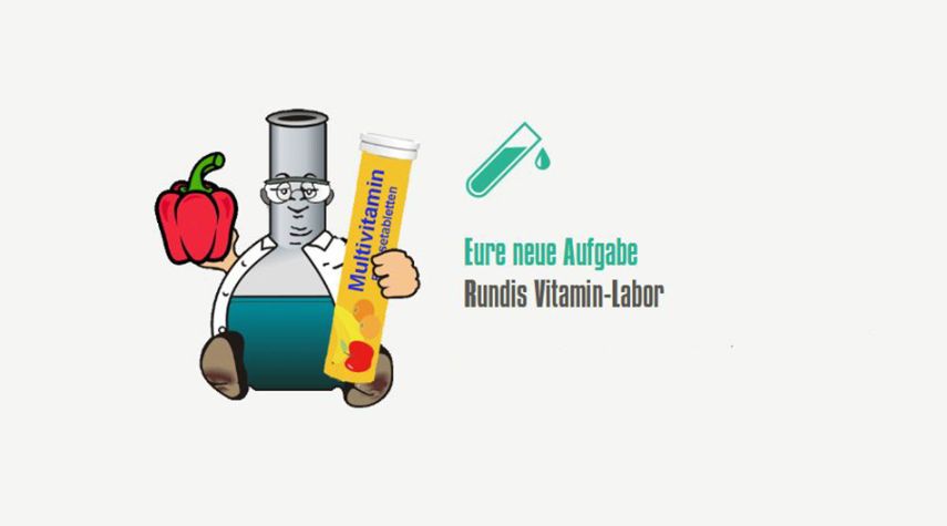 Ein Cartoon-Laborgefäß mit Brille hält eine rote Paprika in einer Hand und eine Multivitamin-Brausetablettenröhre in der anderen. Daneben steht der Text „Eure neue Aufgabe Rundis Vitamin-Labor“ mit einem Icon eines Reagenzglases mit Tropfen.