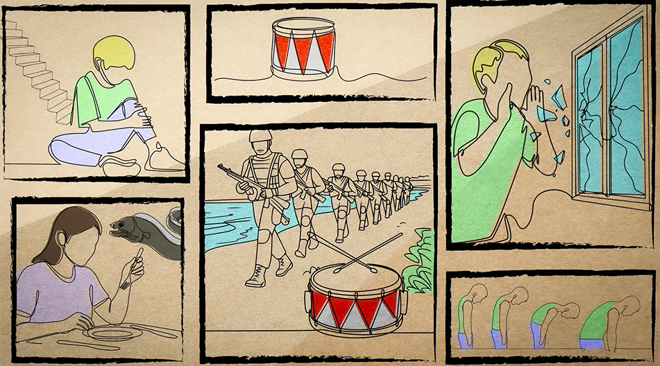 Illustration in mehreren Panels: Ein Kind sitzt traurig, eine Trommel schlägt Alarm, Soldaten marschieren, eine Person zerbricht ein Fenster, eine Frau erschrickt vor einer Schlange, und eine Figur sackt wiederholt erschöpft zusammen.