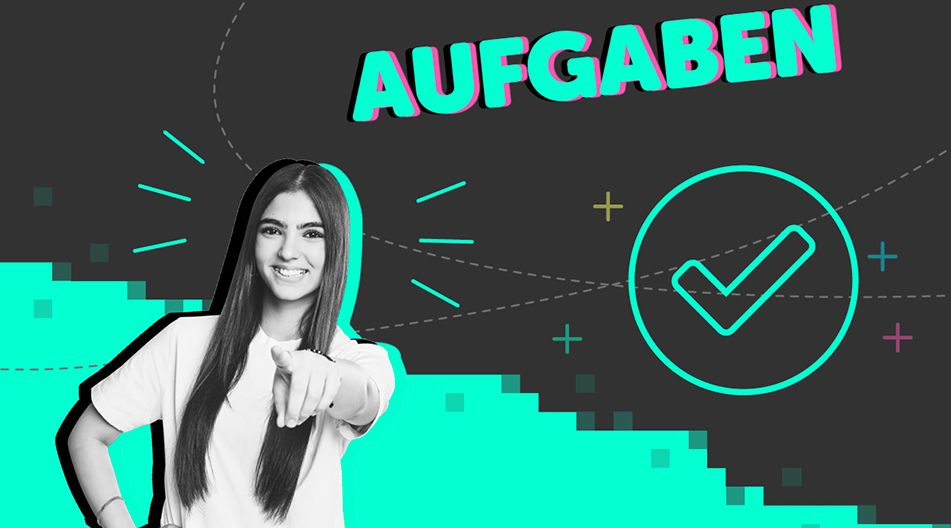 Junge Frau zeigt lächelnd nach vorn, daneben Schriftzug „Aufgaben“ und ein Häkchen-Symbol.