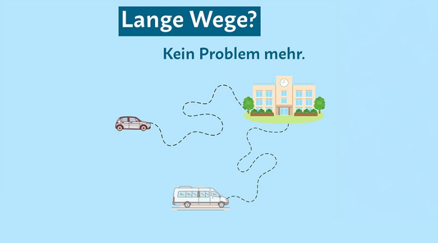 Grafik mit dem Text „Lange Wege? Kein Problem mehr.“ Ein Auto und ein Kleinbus fahren auf geschwungenen, gestrichelten Wegen zu einem Schulgebäude vor hellblauem Hintergrund.