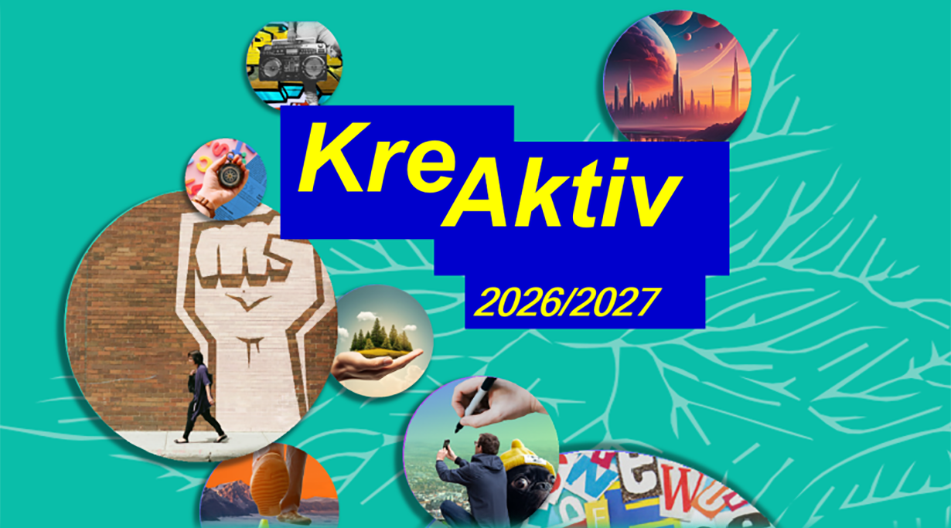 Grafik mit dem Schriftzug „KreAktiv 2026/2027“, umgeben von verschiedenen kreativen Motiven und Bildern.