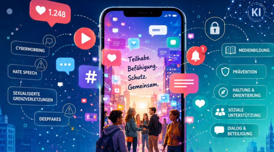 Illustration eines Smartphones mit Symbolen sozialer Medien sowie Hinweisen zu Medienbildung, Prävention und Schutz vor digitalen Risiken wie Cybermobbing und Deepfakes.