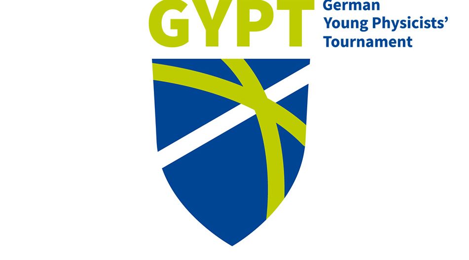 Logo mit grünem Schriftzug 'GYPT' und blau-grünem Wappenschild darunter sowie blauem Text 'German Young Physicists' Tournament' rechts oben