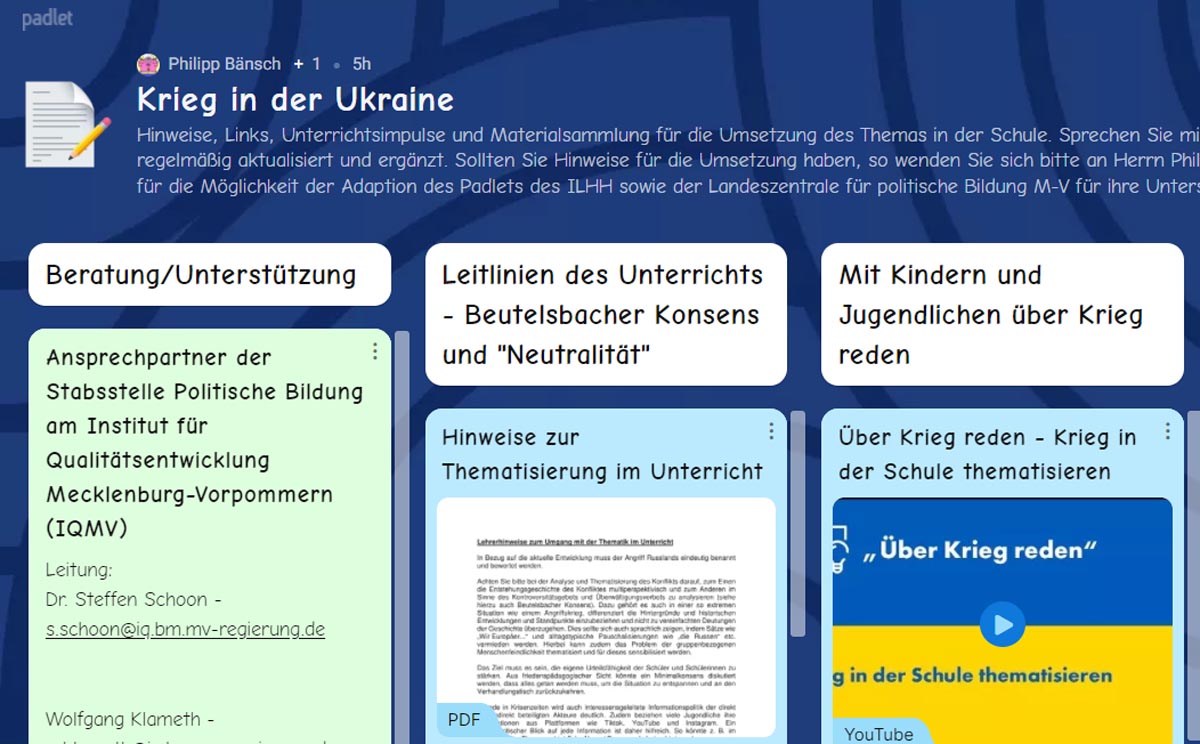 Screenshot Padlet mit Unterrichtsmaterial zum Krieg in der Ukraine